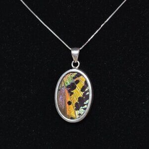 Vintage Genuine Butterfly Moth Wing Sterling Silver 925 Reversible Necklace